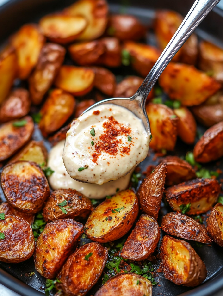 Chipotle aioli in a small bowl next to roasted potatoes