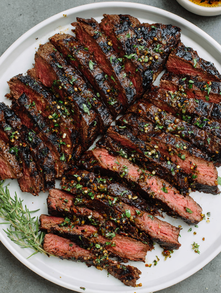 Sliced skirt steak arranged on a cutting board