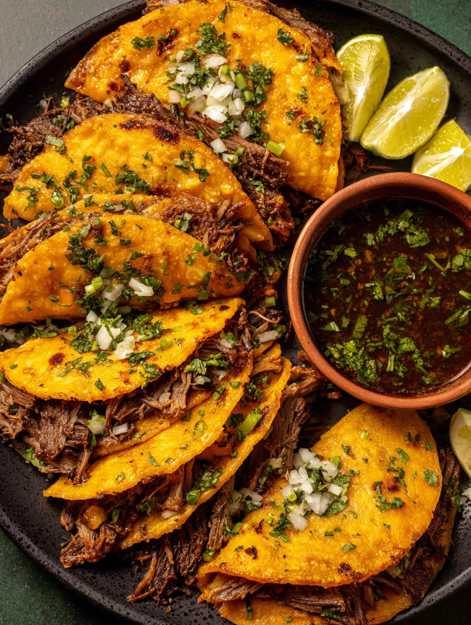 Birria tacos frying in skillet with consome