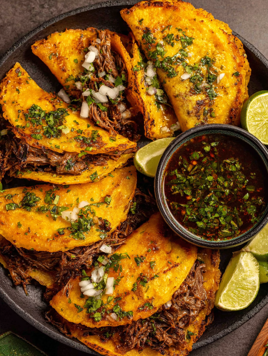 Plated birria tacos with pico de gallo and lime