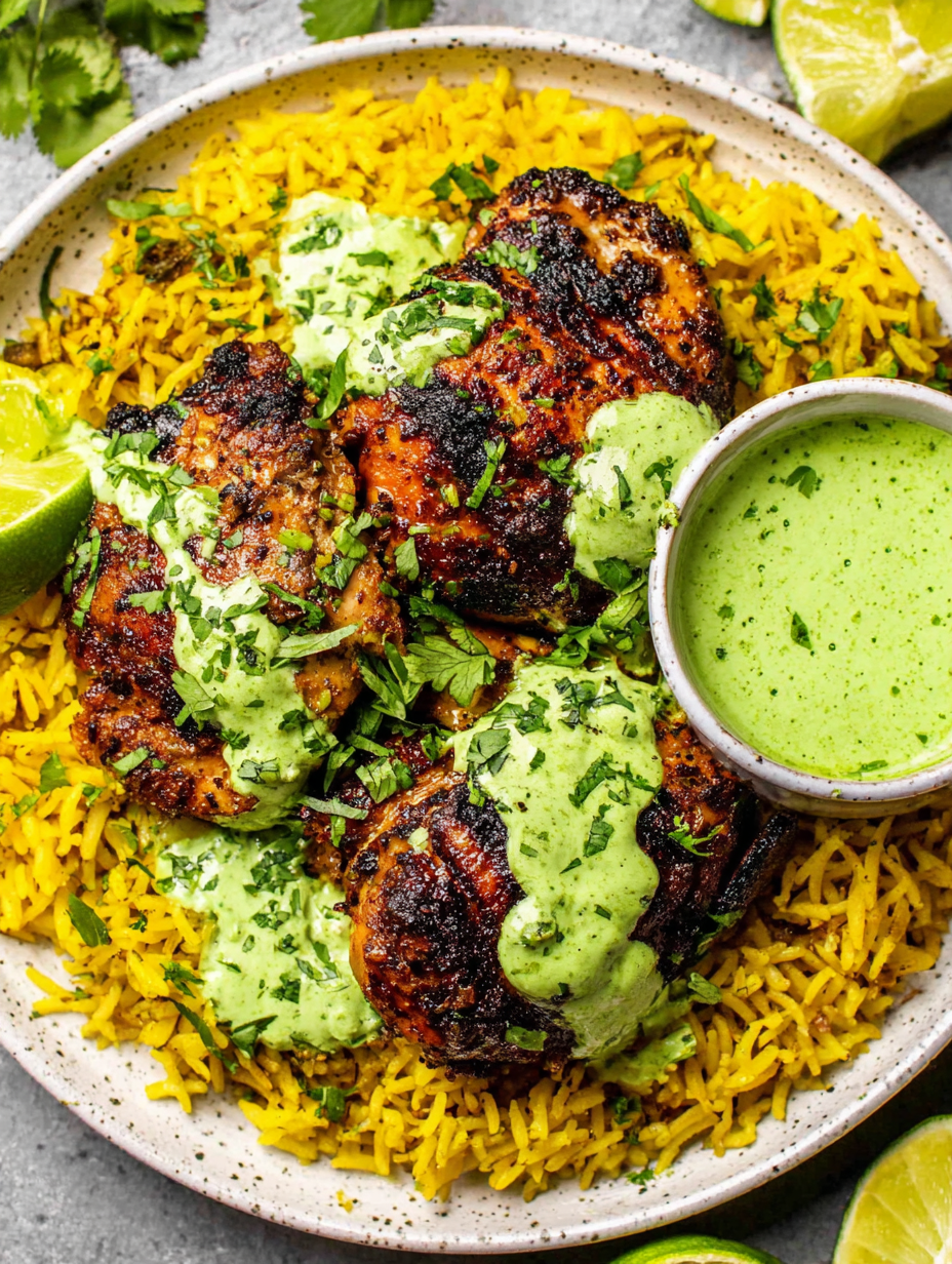 Peruvian chicken on plate with yellow rice and green sauce