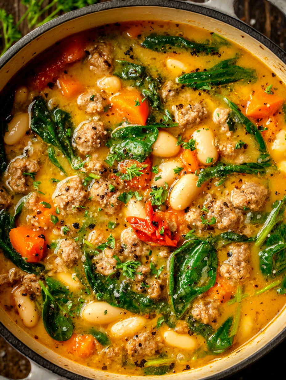 Bowl of Tuscan white bean soup with sausage and parsley