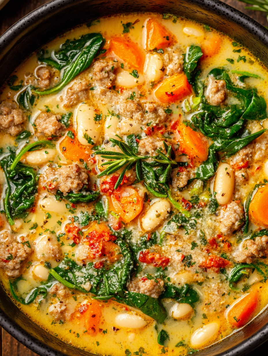 Close-up of creamy white bean soup with spinach
