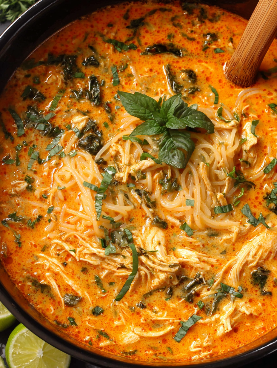 Bowl of Thai chicken curry soup with fresh herbs