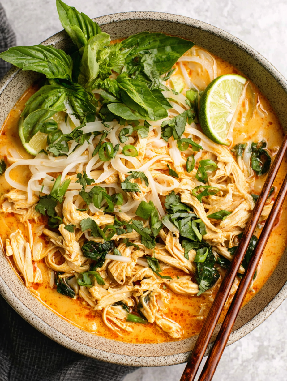 Close-up of herbs and lime on Thai soup