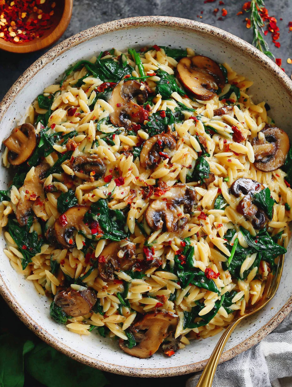 Creamy spinach and mushroom orzo in skillet
