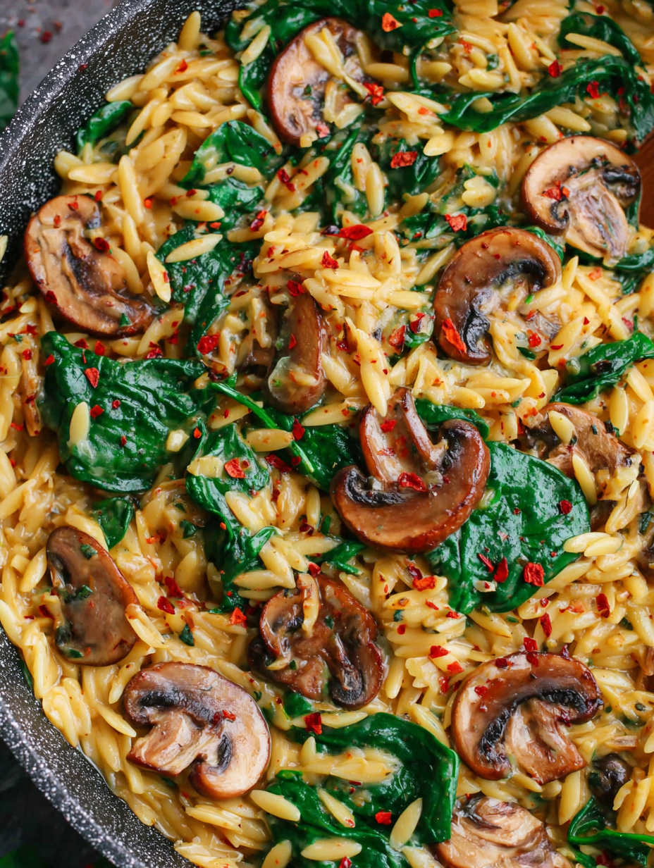 Close-up of creamy orzo with mushrooms and spinach