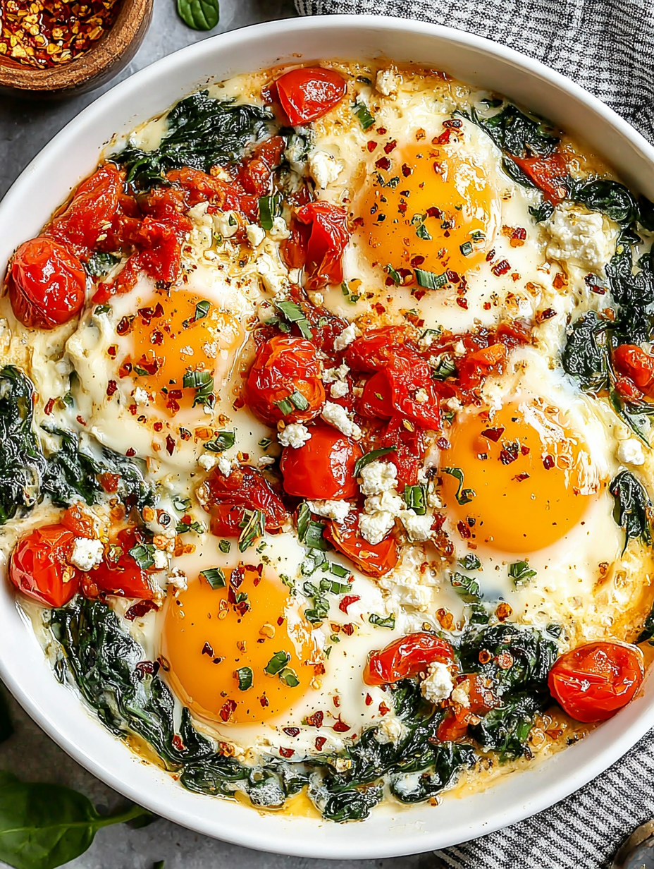 Finished baked feta eggs with herbs