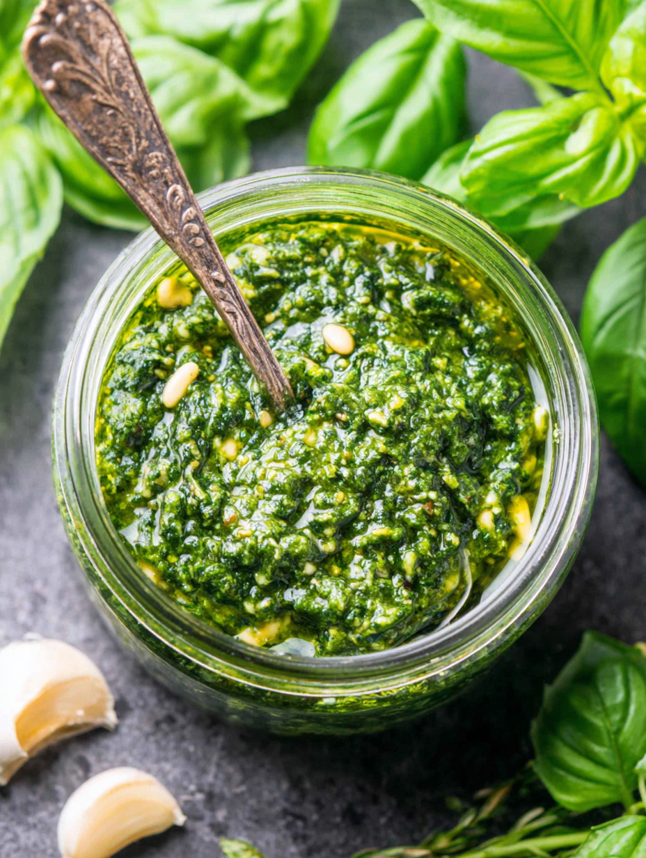 Bowl of fresh green pesto with basil leaves