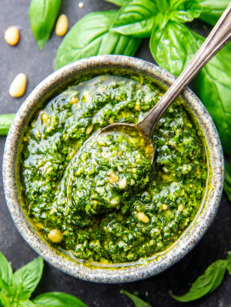 Spoonful of vibrant homemade pesto