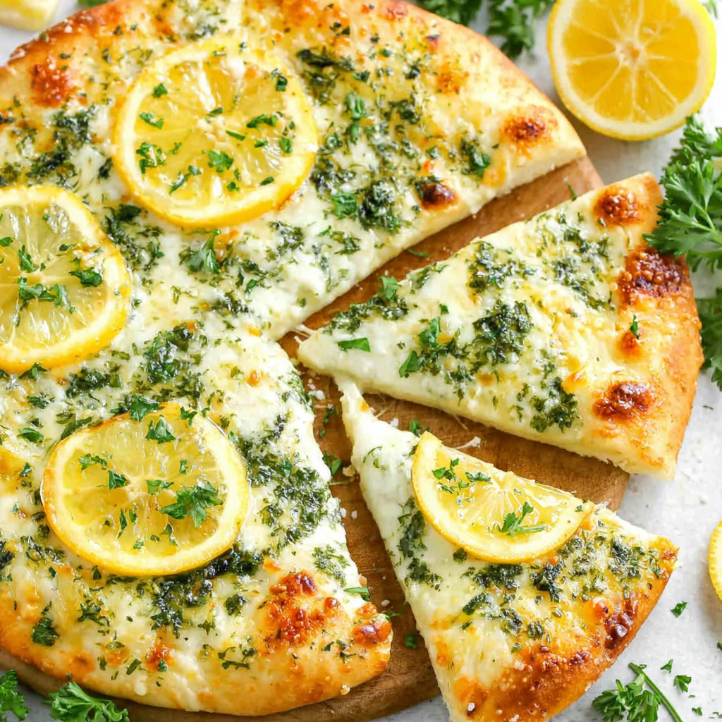 Lemon pizza on a pizza stone with fresh parsley