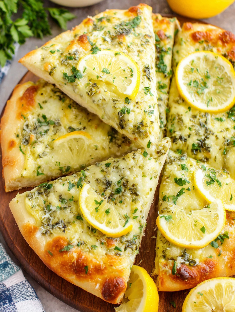 Slice of lemon pizza with parmesan and parsley