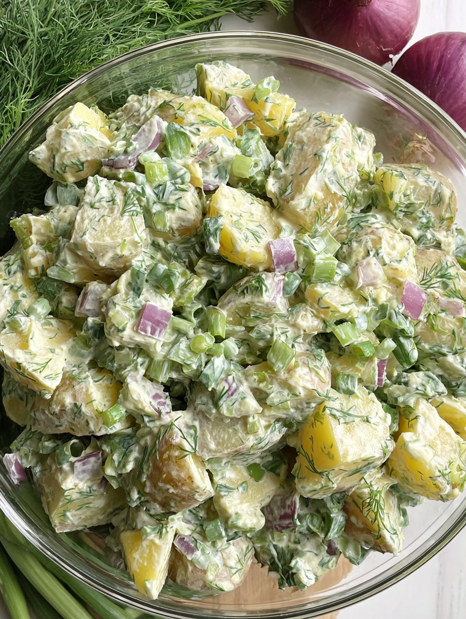 Serving bowl with potato salad garnished with fresh dill