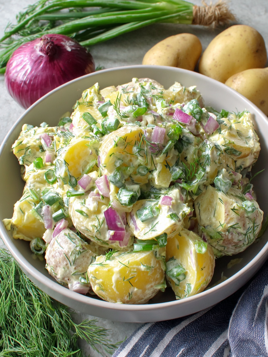 Close-up of vegan dill potato salad in a bowl