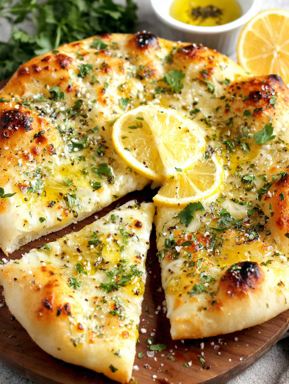 Close-up of lemon pizza with herbs