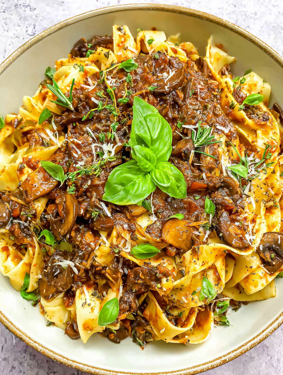 Mushroom ragu tossed with fettuccine, basil and parmesan