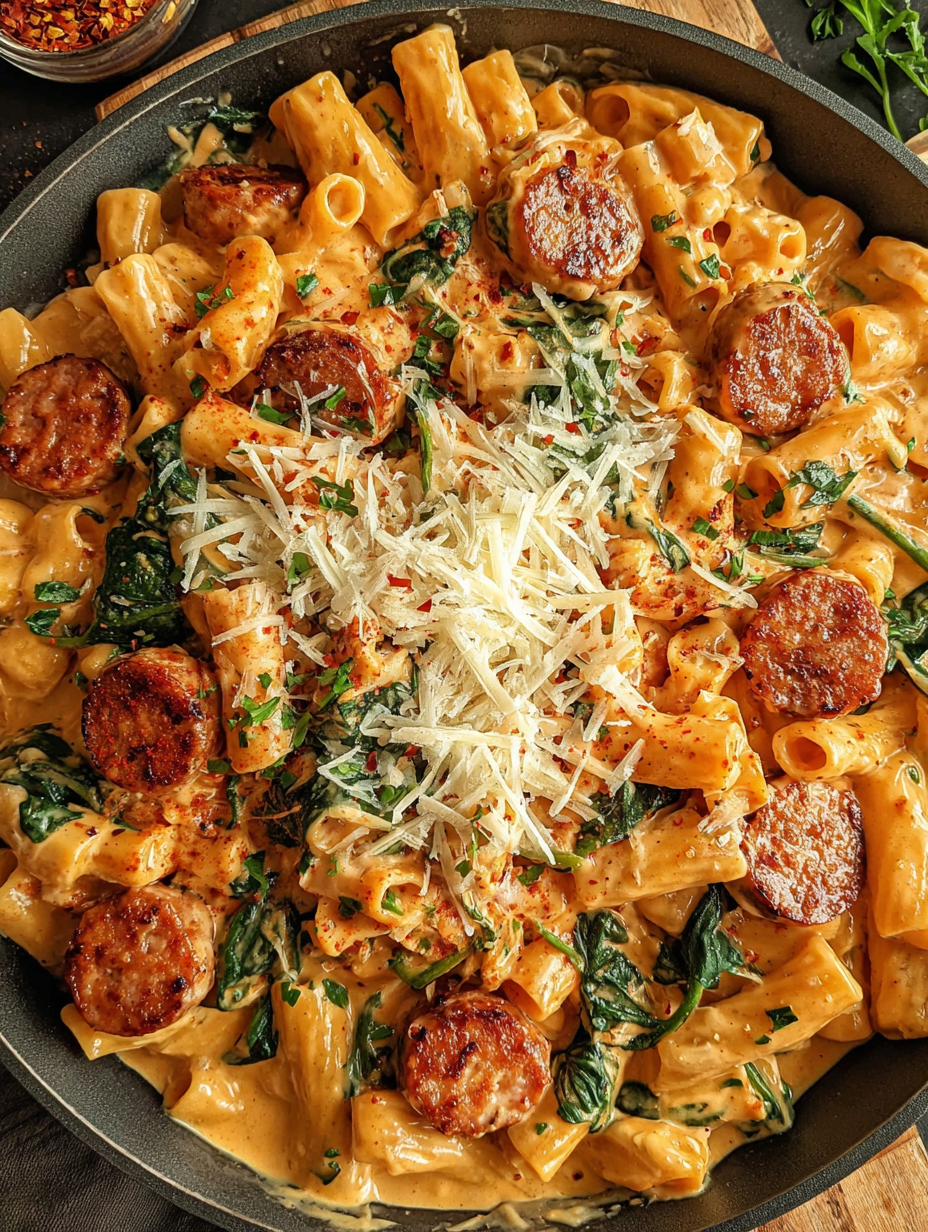 Creamy Cajun Sausage Pasta in a pot with parsley garnish