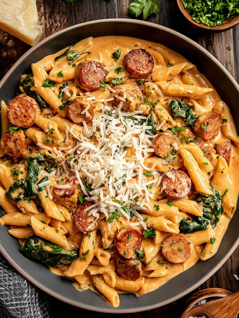 Close up of creamy pasta with sausage and peppers