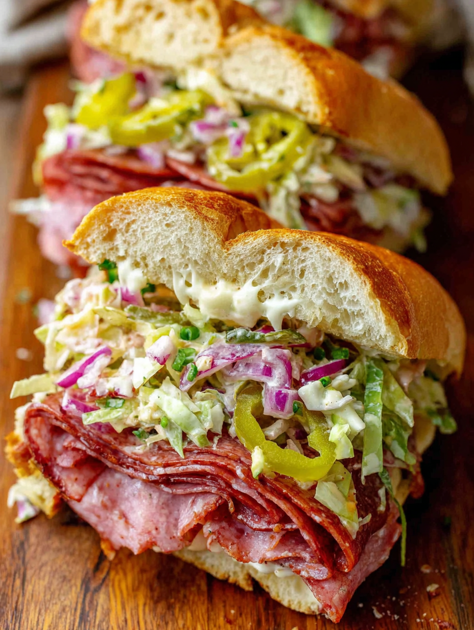 Close up of grinder salad and sandwich layers