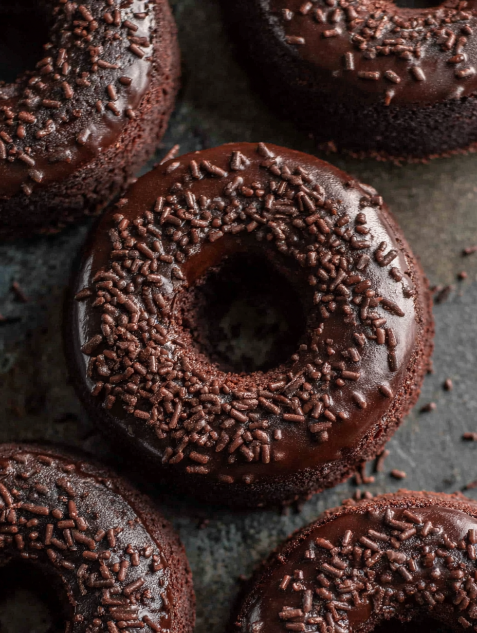Freshly baked chocolate donuts cooling on a rack