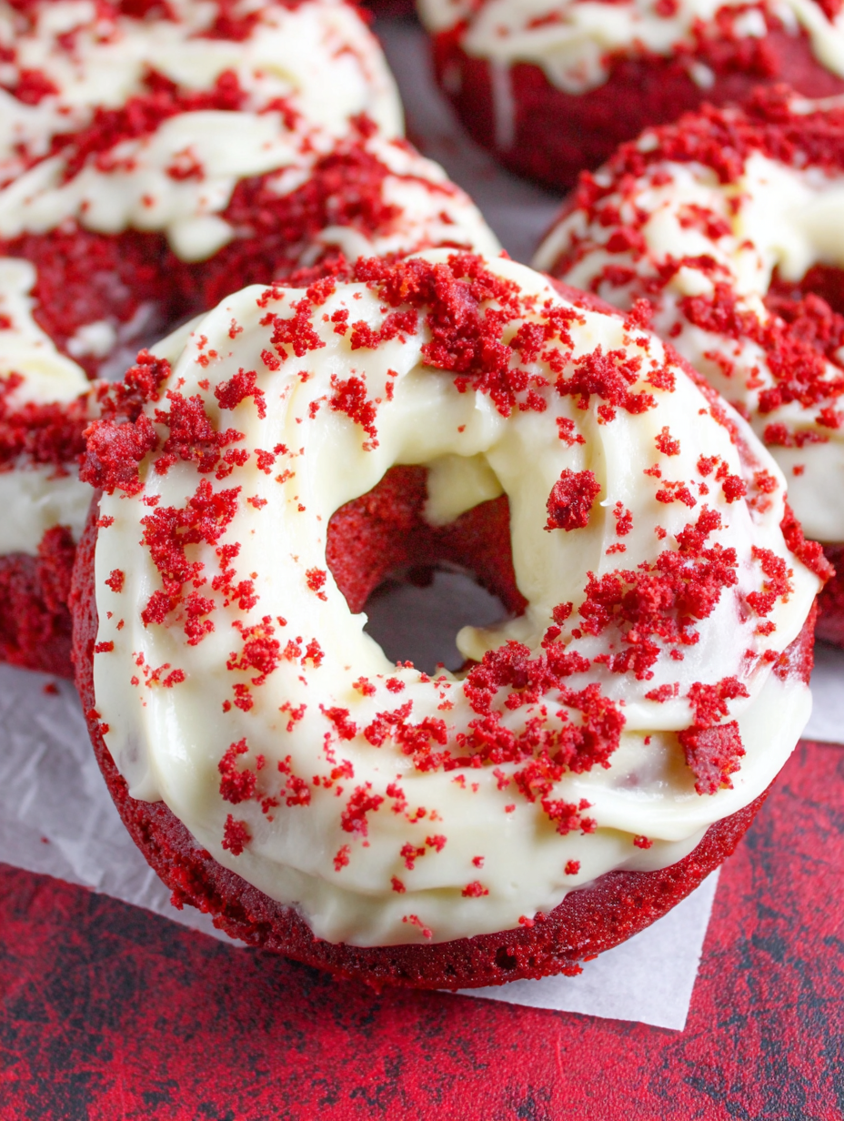 Fresh baked red velvet donuts cooling on a wire rack