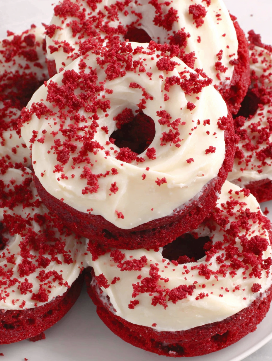 Cream cheese frosting being spread onto a red velvet donut