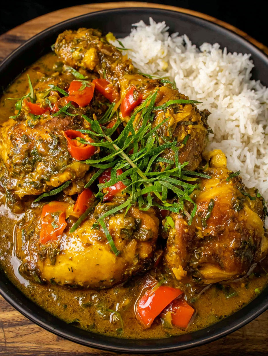 A pot of authentic Jamaican curry chicken with potatoes and peppers