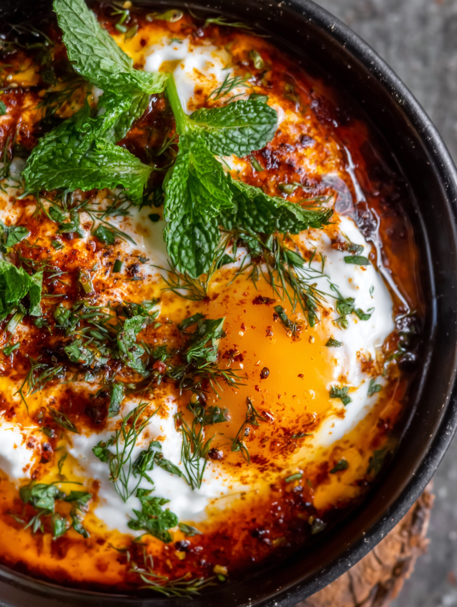 Poached eggs over herbed yogurt with spiced butter