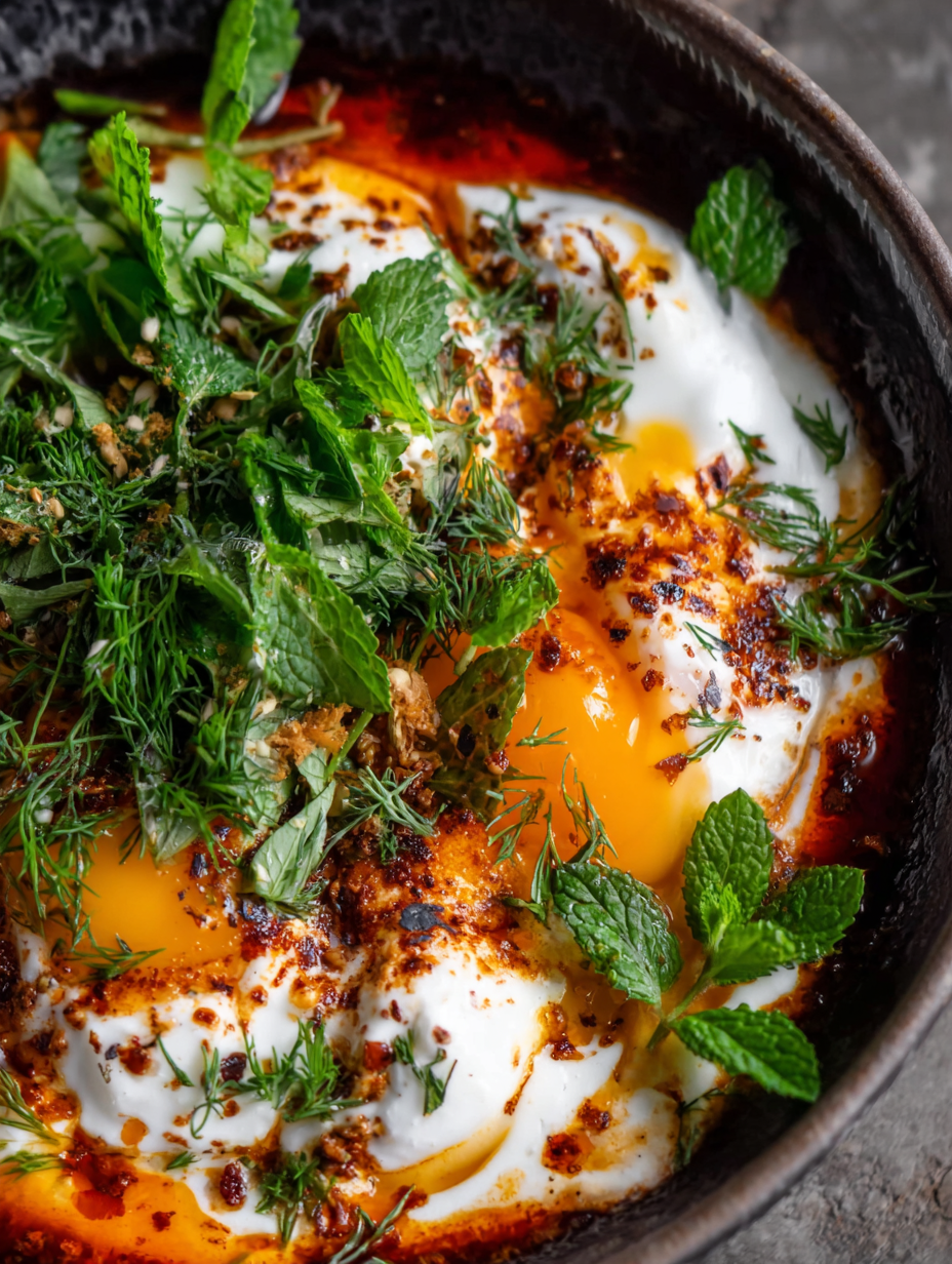 Close up of yogurt base with herbs