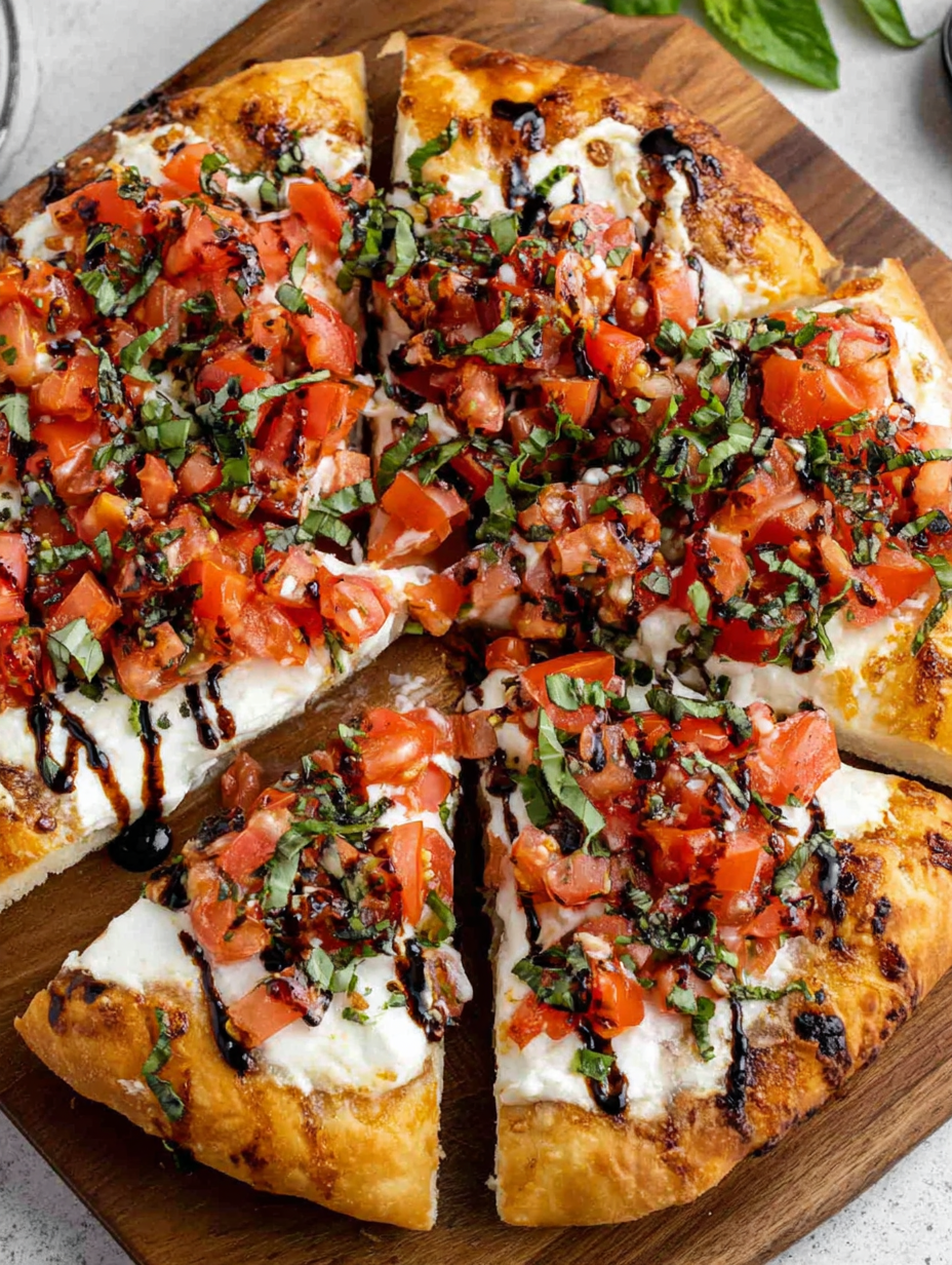 Close up of tomato bruschetta on pizza