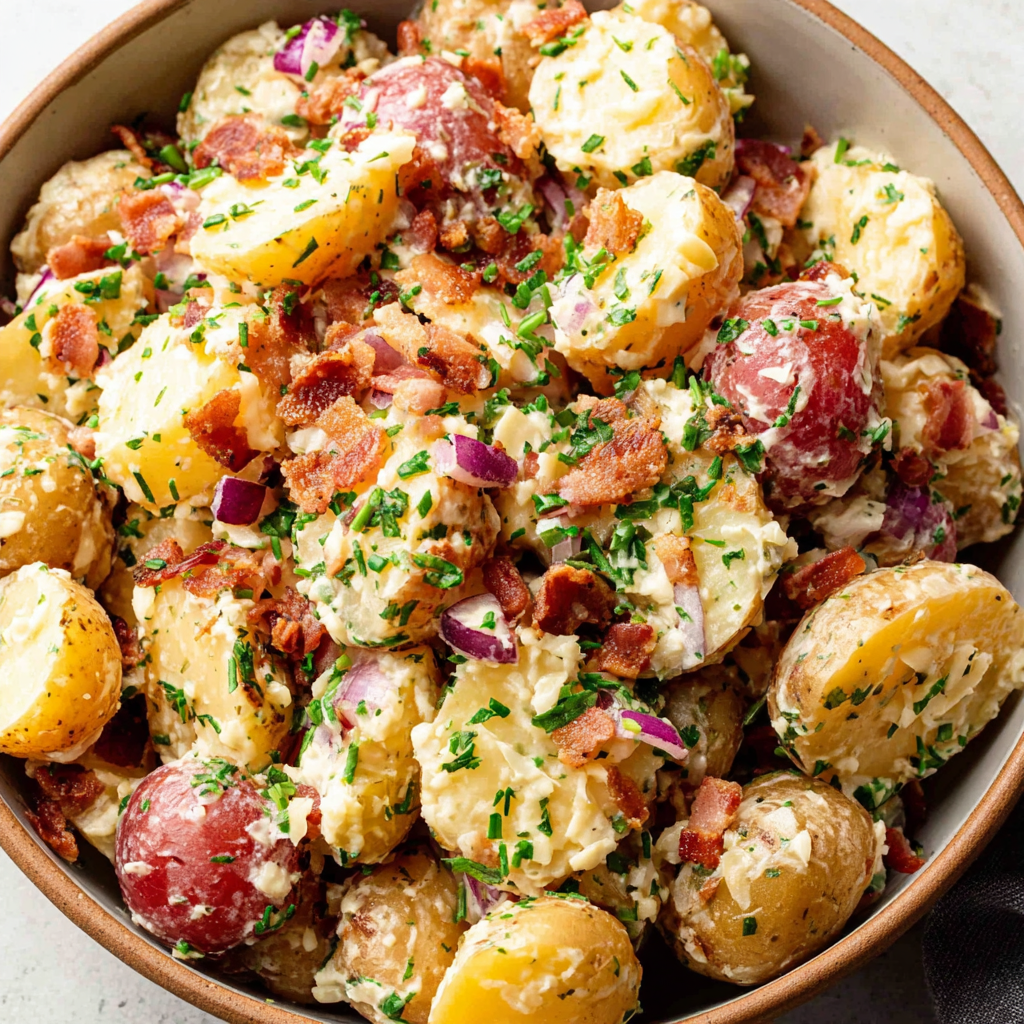 German Potato Salad (Warm, Bacon-Loaded, No Mayo)