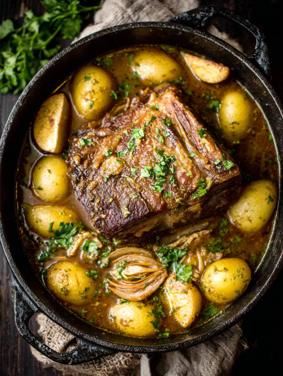 Braised pork shoulder in apple cider with apples and fennel