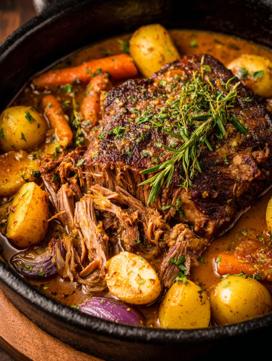 Sliced braised pork shoulder with apple slices and fennel fronds