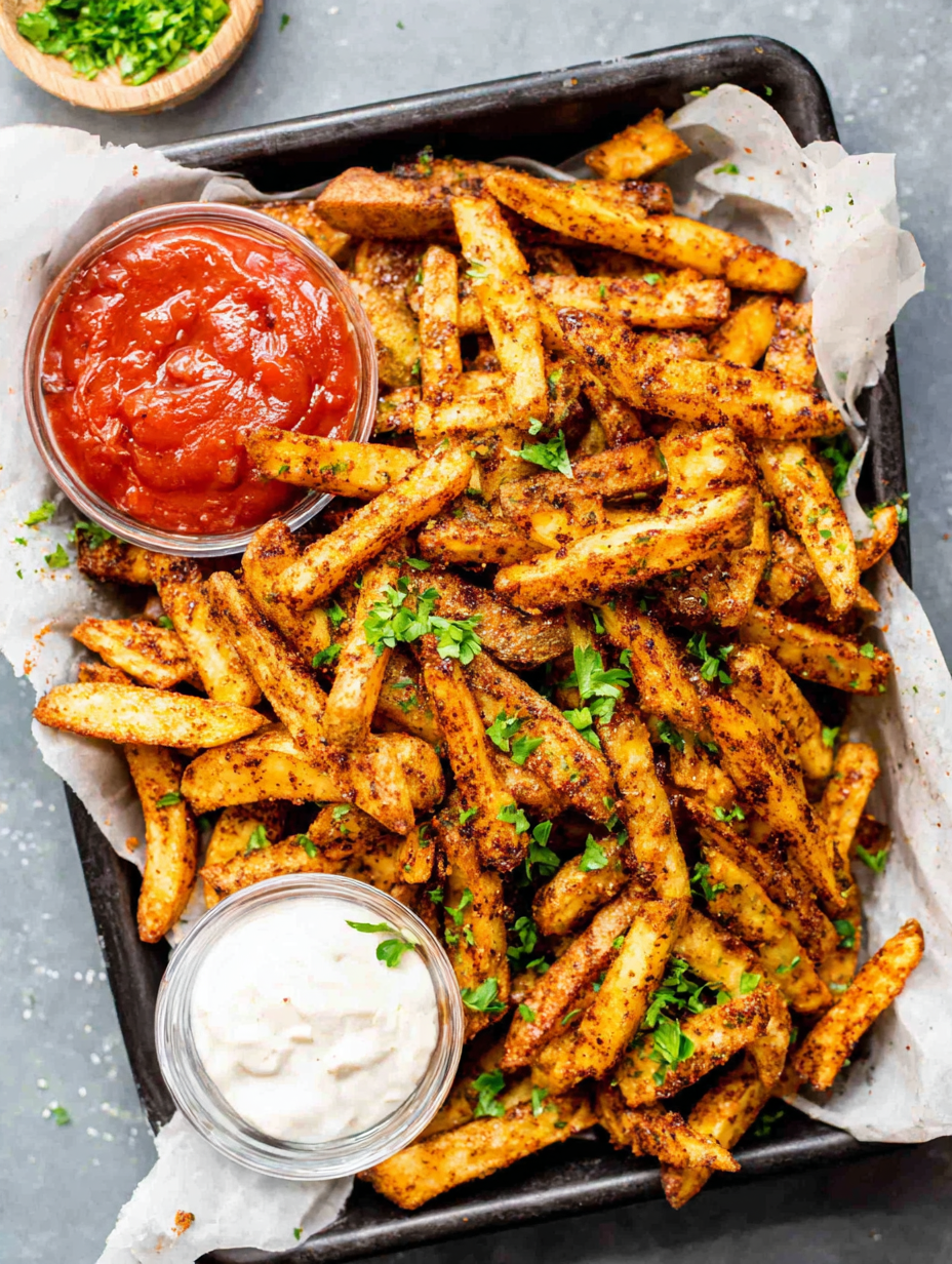 Cajun fries in basket with seasoning