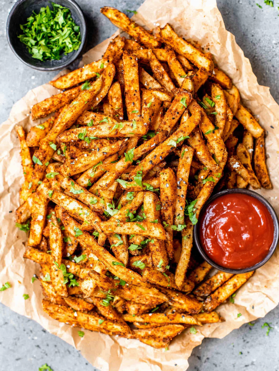 Seasoned Cajun fries on parchment