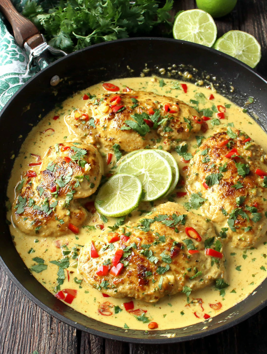 Creamy coconut lime chicken in skillet with cilantro