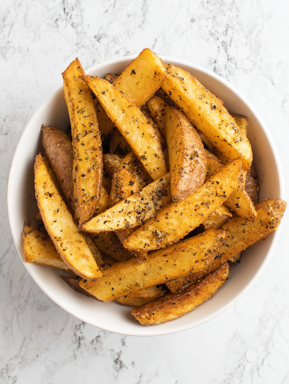 Golden steak fries on a serving board with dipping sauce
