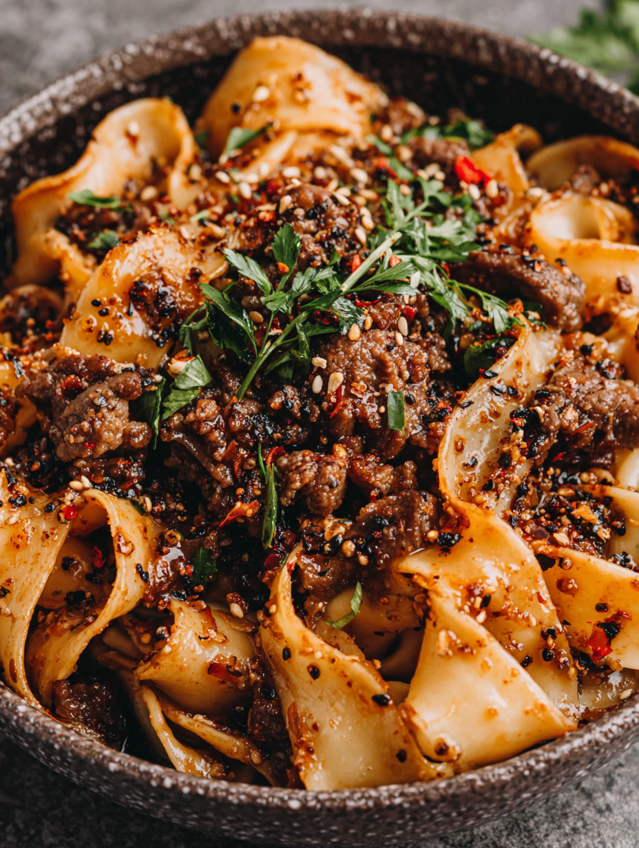 Bowl of cumin lamb noodles garnished with cilantro