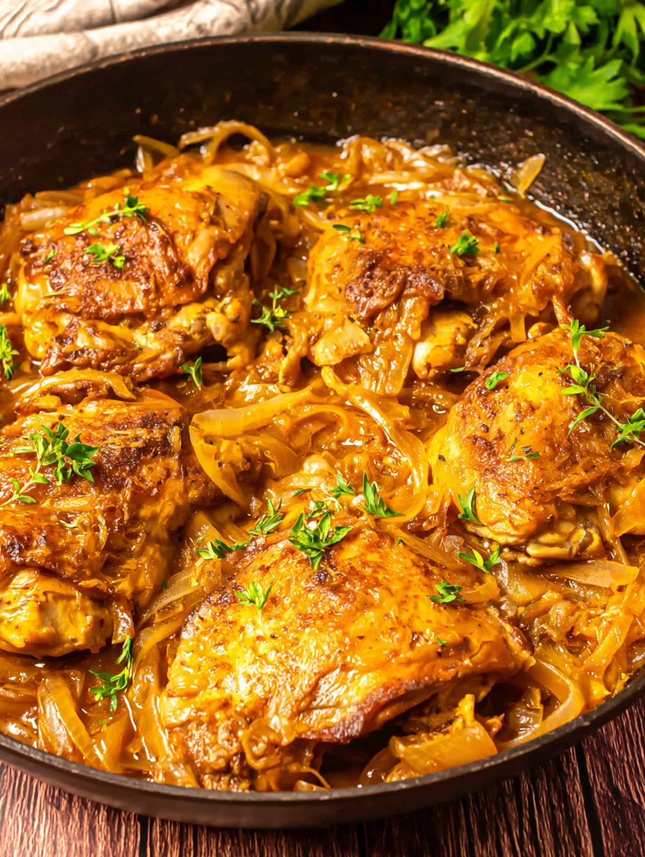 Poulet Yassa in a skillet with caramelized onions