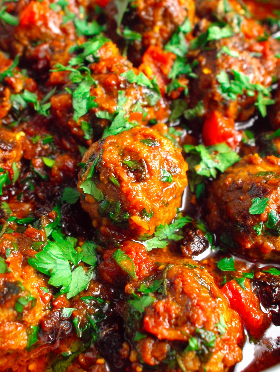 Meatballs simmering in tomato-raisins sauce