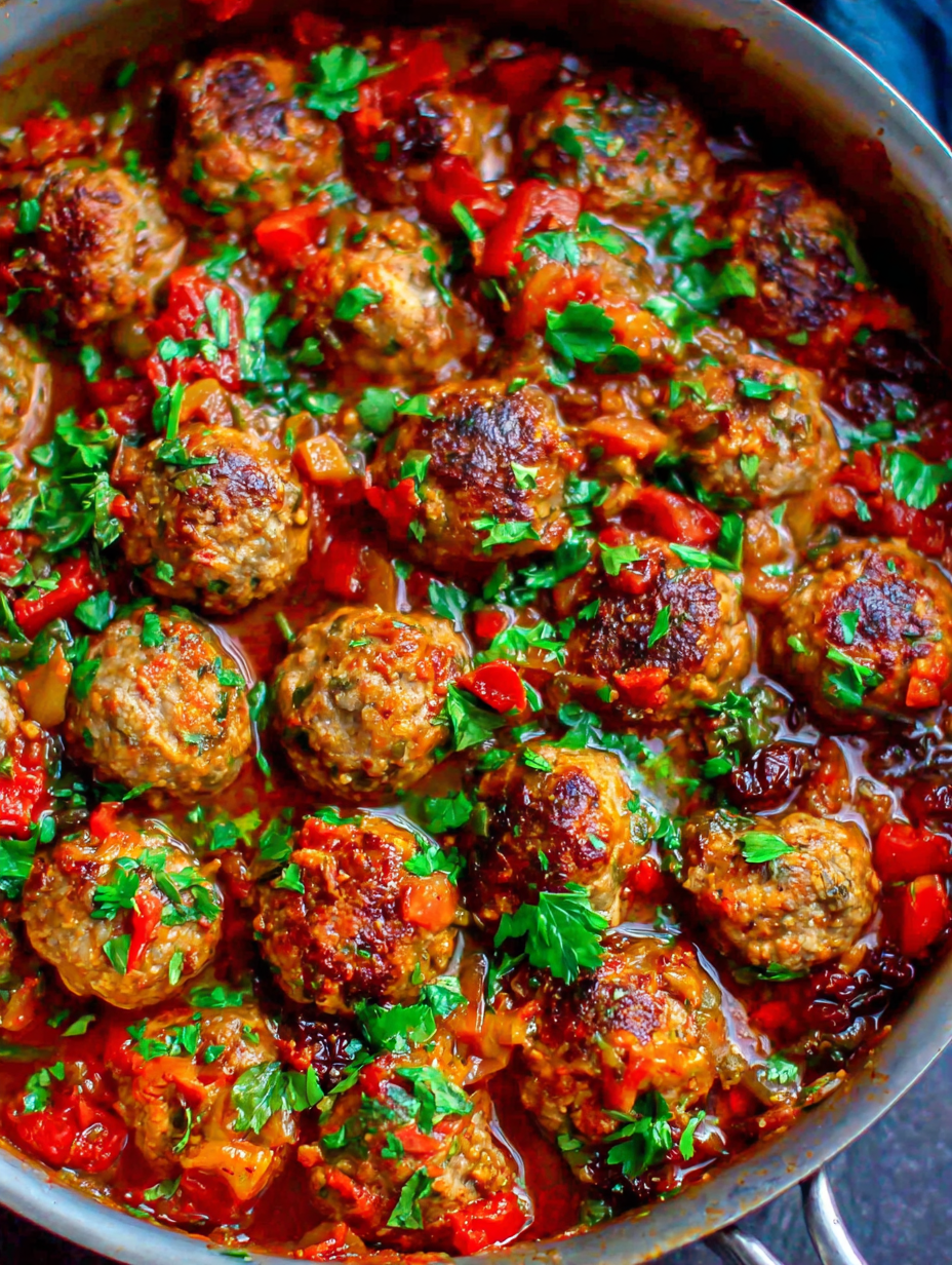 Plated lamb meatballs over couscous with herbs