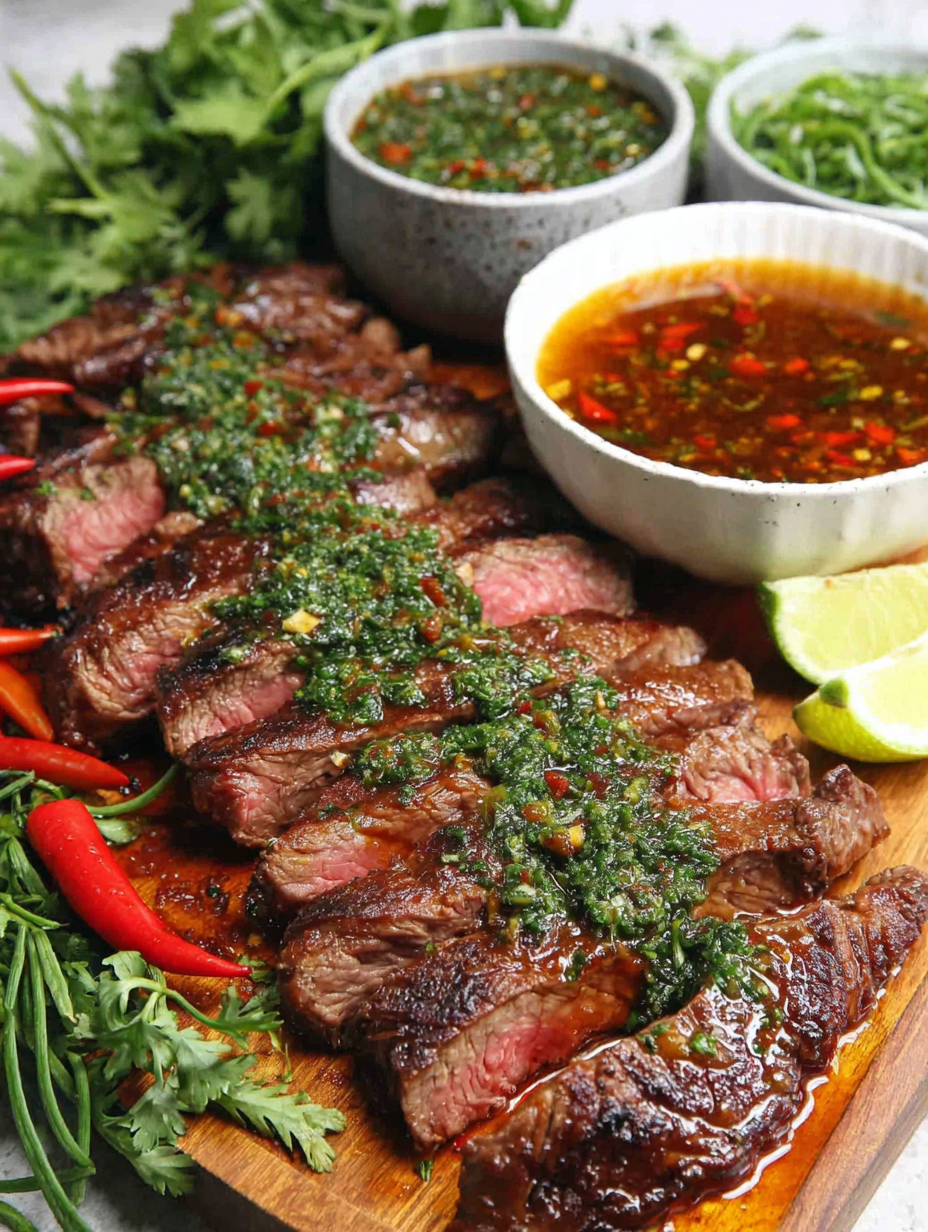 Seared Crying Tiger Beef sliced on a board with dipping sauce