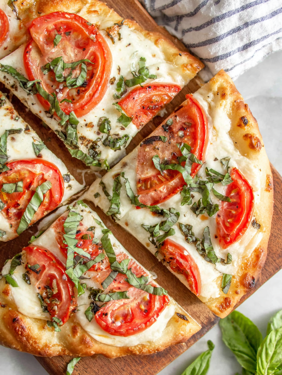 Slices of Margherita flatbread with basil
