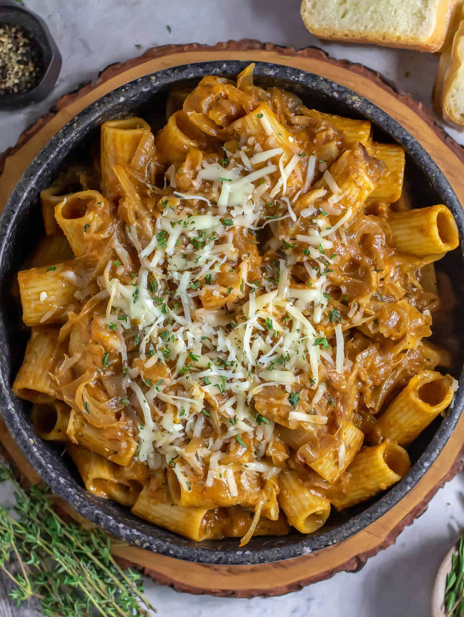 Finished one pot French onion pasta plated with Parmesan