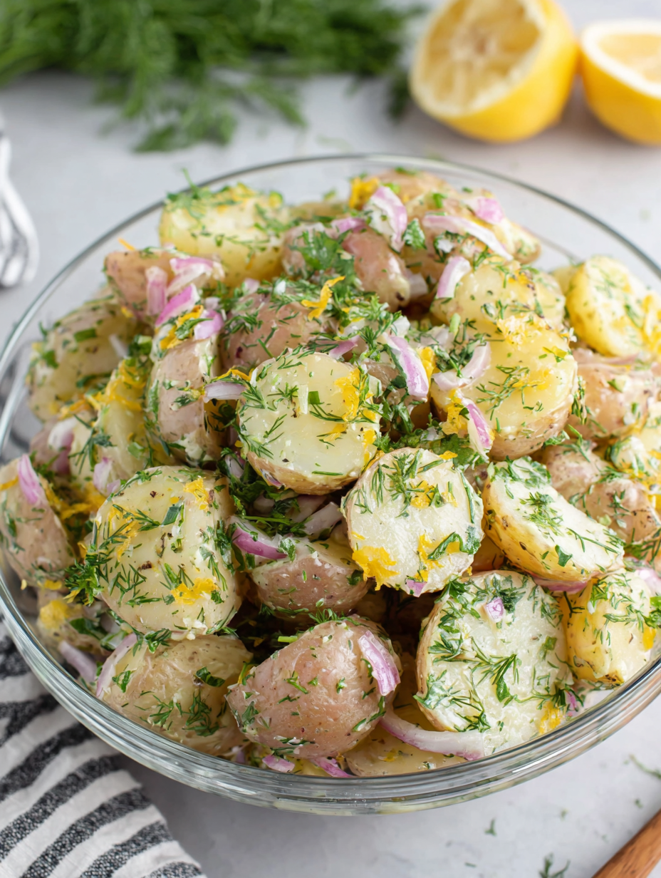 Close up of potato slices with fresh dill