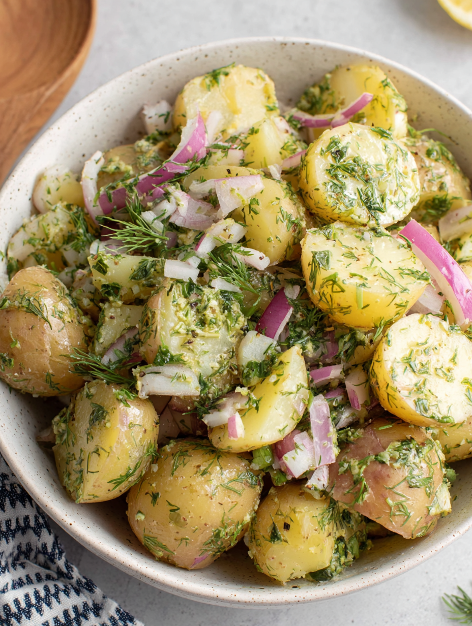 Lemon Dill Potato Salad tossed in a bowl