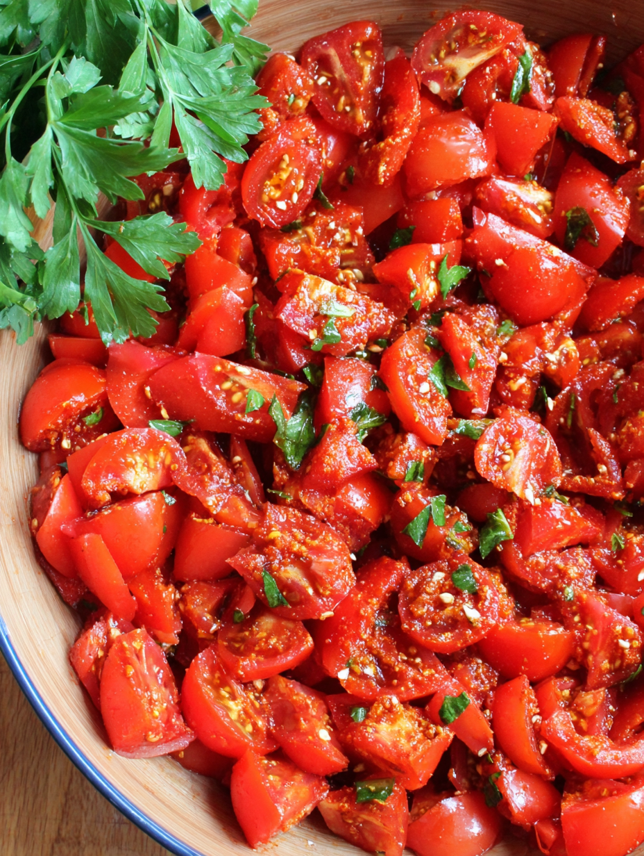 Chopped tomatoes in a bowl ready to be dressed
