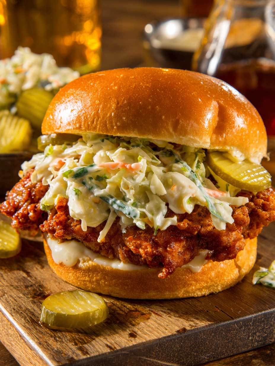 Crispy Nashville hot chicken on bun with pickles