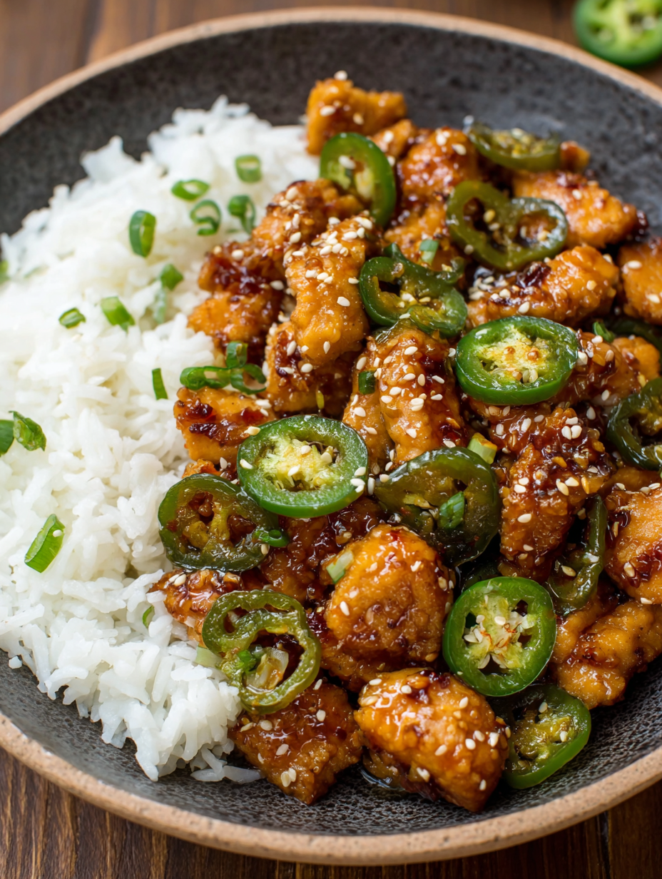 Pan-fried jalapeno chicken in a skillet glazed with sauce