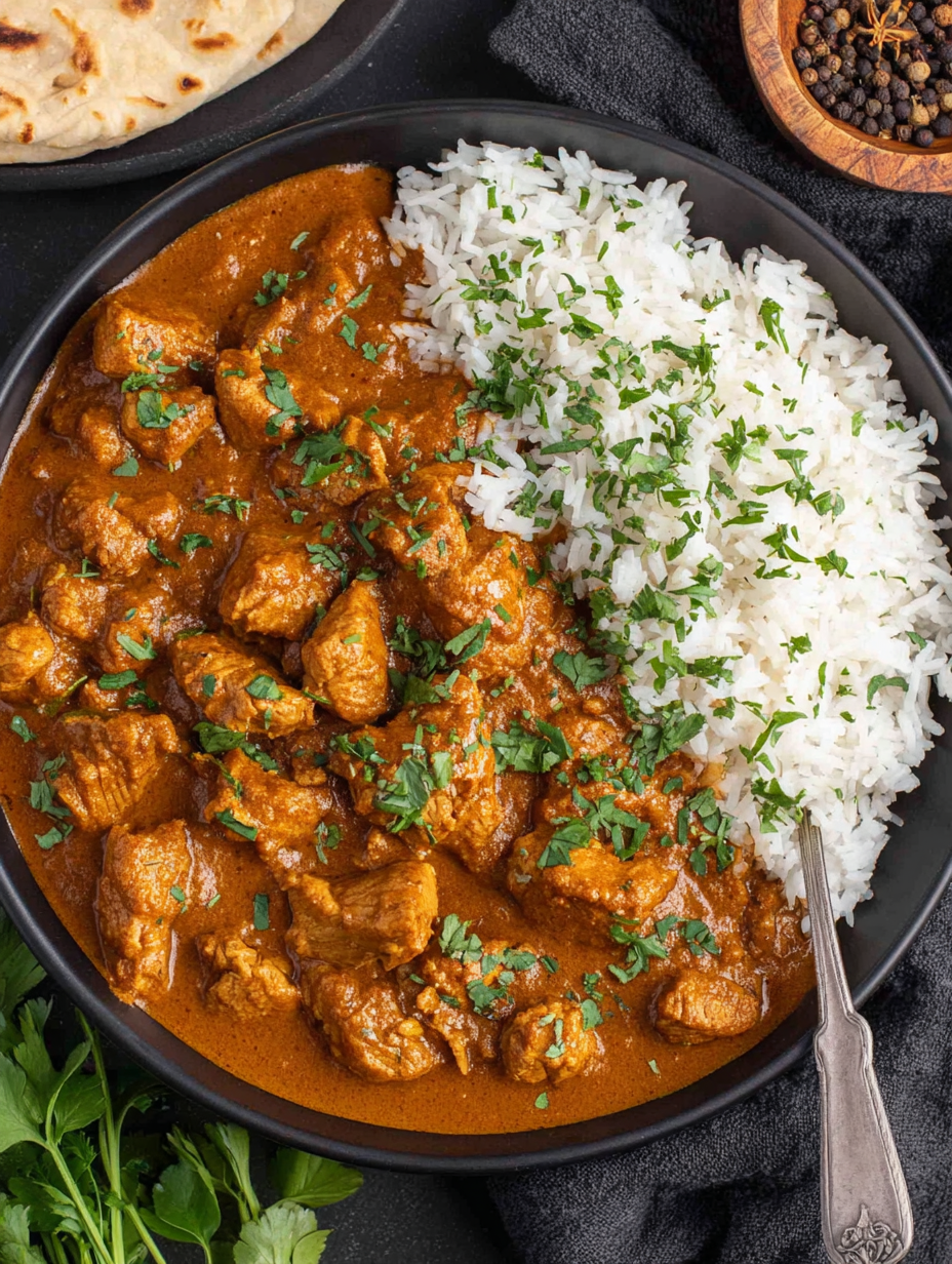 Close-up of chicken pieces in a creamy Rogan Josh sauce